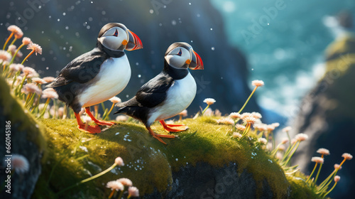 black and white puffin birds sit on green rocky shore against the backdrop of the sea in Iceland, north, ocean, island, landscape, fauna, flowers, red beaks and paws, grass, sky, mountains, coastline