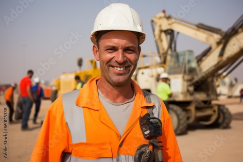 Portrait happy mature smiling Caucasian male man guy contractor worker engineer hardhat workwear building crane teamwork leadership. Professional specialist industrial business electrician architect
