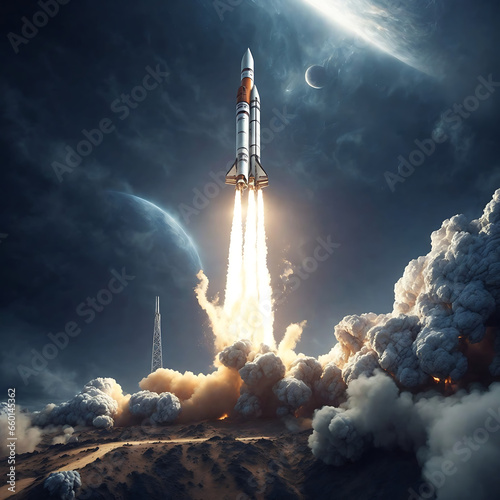Journey to the Stars.Rocket Launch from Space with Fire and Smoke. Generative Ai