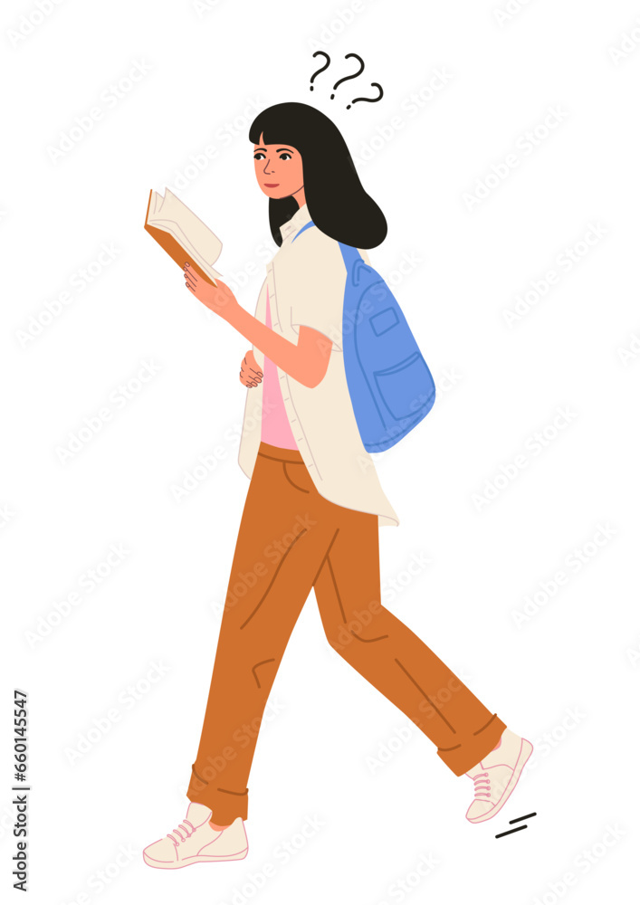 Female student studying with a book.Vector illustration. Educational and Self-Development. Concept for trainings, seminars, online courses.College student. Isolated vector illustration. Female student studying with a book.Vector illustration. Educational and Self-Development. Concept for trainings, seminars, online courses.College student. Isolated vector illustration.