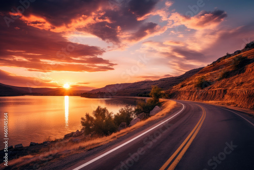 Lake and road at sunset