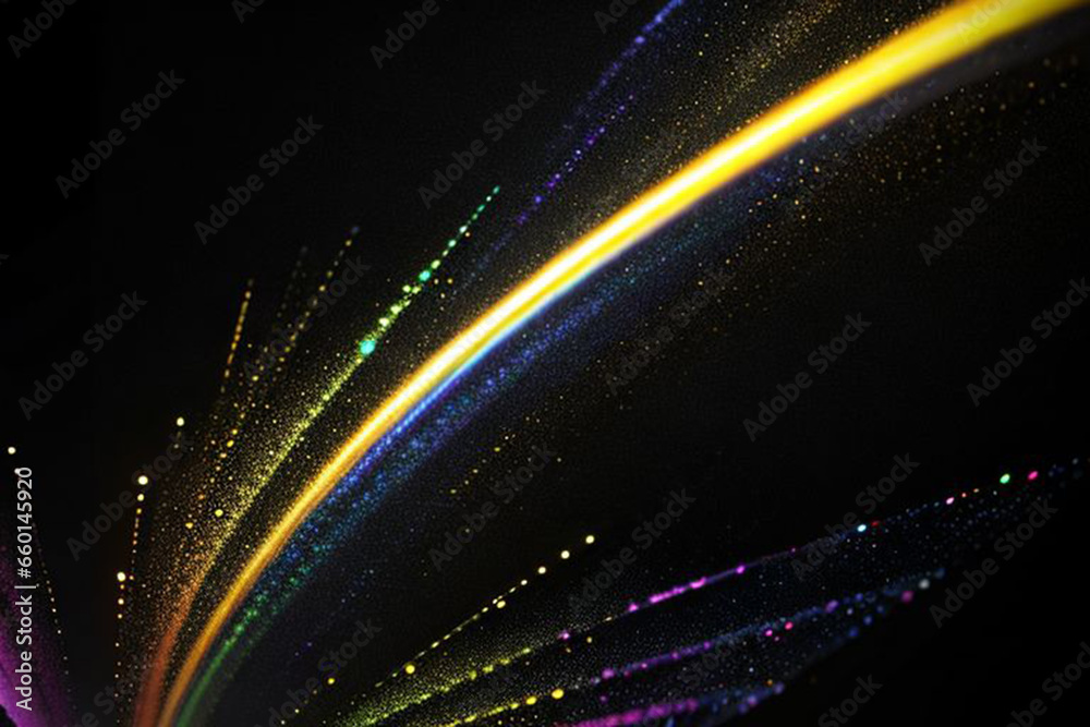 Obraz premium abstraction of a bright ray of rainbow color on a black background, generation AI