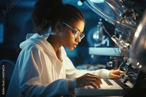 African woman working in hi-tech computerized laboratory.