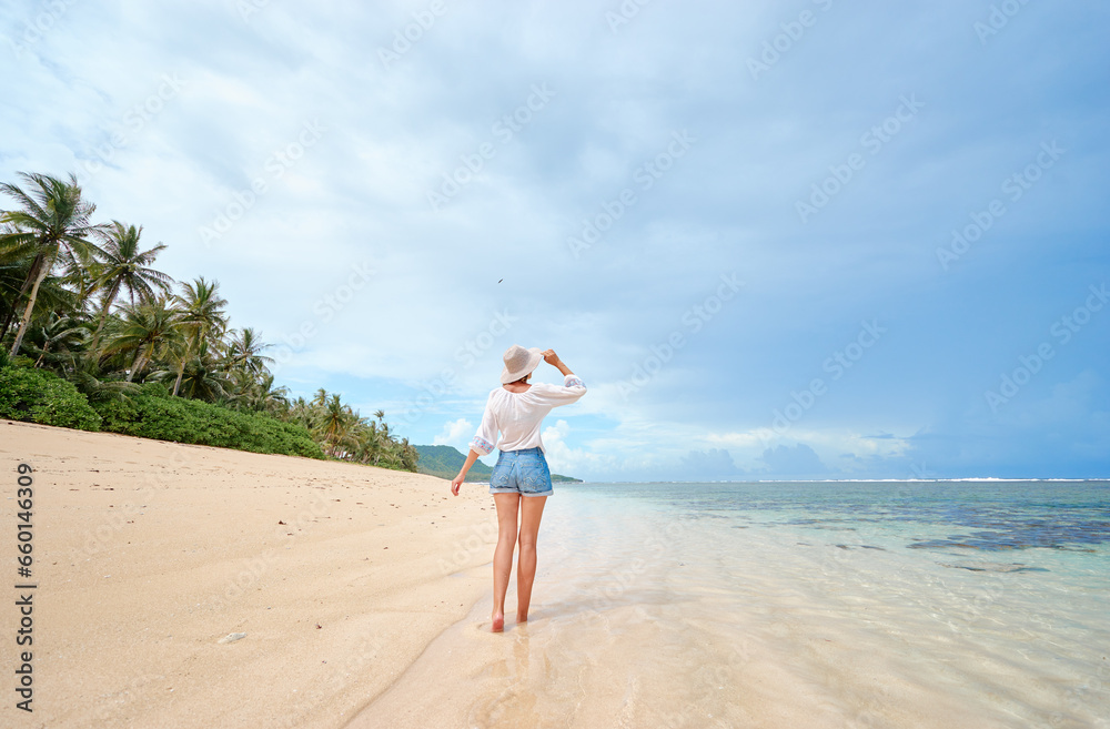 Vacation on the seashore. Back view of young woman walking away on the beautiful tropical white sand beach. Vacation on the seashore. Back view of young woman walking away on the beautiful tropical white sand beach.