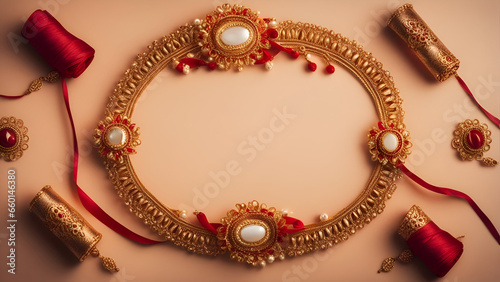Indian festival Raksha Bandhan background with golden frame and copy space
