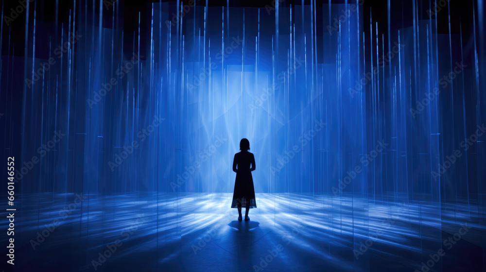 Woman in Blue & Purple Metaverse: Futuristic euphoria in immersive installation.