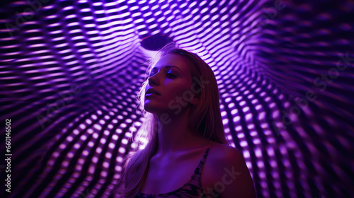 Woman in Blue & Purple Metaverse: Futuristic euphoria in immersive installation.