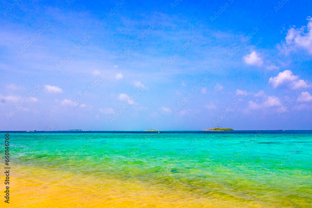 Natural tropical turquoise sandbank islands Madivaru Finolhu Rasdhoo Atoll Maldives.