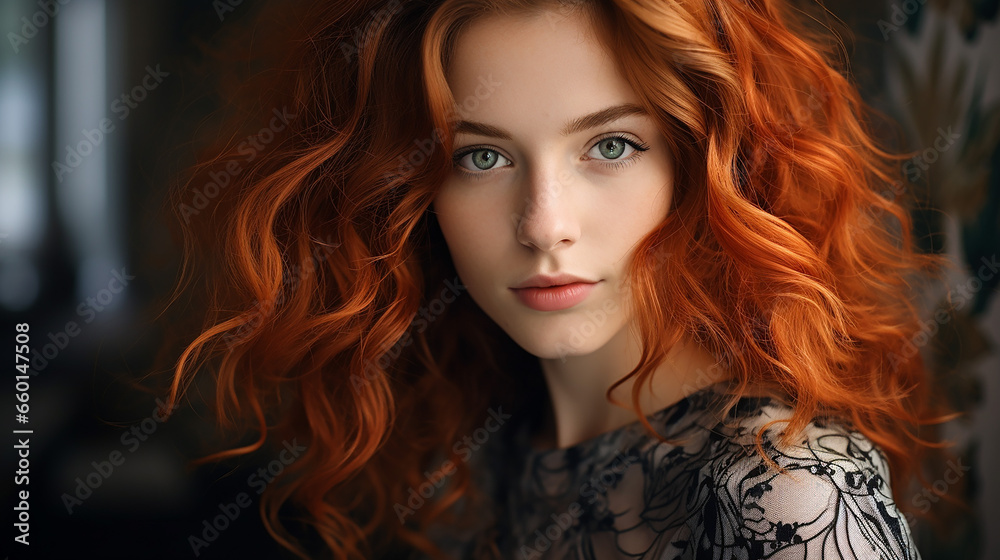 Porträt eines schönen rothaarigen Mädchens mit langen lockigen Haaren.
