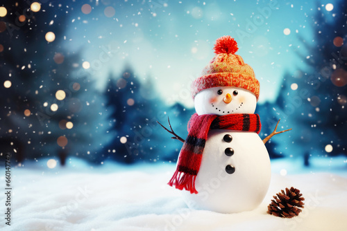 Smiling Snowman on Winter Blurred Landscape Background, Greeting Card with Copy Space © fotoyou