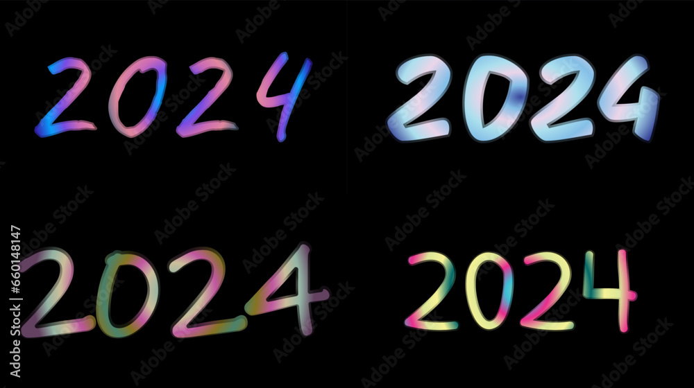 2024 Happy New Year.  Set of  Holographic numbers isolated on black background.