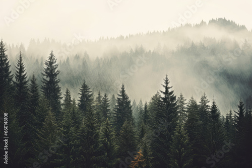 Misty landscape with fir forest © thejokercze