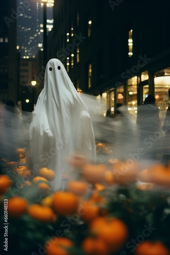 blurry shot of a man wearing a traditional Halloween ghost costume with two eye holes standing on crowded city streets © Aliaksandr Siamko