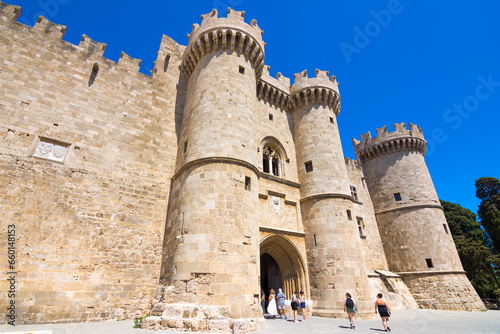 Panorama of old town, famous Knights Grand Master Palace and Mandraki port, Rhodes island, Greece. photo