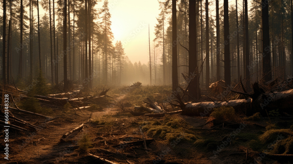 Scifi scene of a oncelush forest now reduced to a barren wasteland, as large corporations fight over control of the last remaining sources of timber and other natural resources.