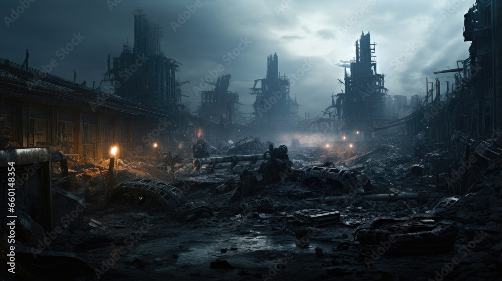Scifi scene of a futuristic city in ruins, littered with the broken bodies of both humans and machines, locked in an endless battle for dominance.