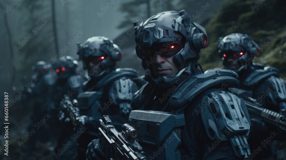 Scifi scene of a group of soldiers in advanced exosuits, equipped with weapons and technology specifically designed to combat interdimensional threats. Scifi scene of a group of soldiers in advanced exosuits, equipped with weapons and technology specifically designed to combat interdimensional threats.