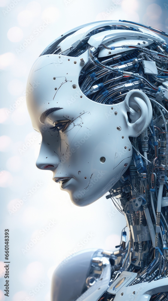 Closeup of a robot with advanced AI, programmed to resemble a human being in every aspect, sparking discussions about the blurred line between biological and mechanical enhancements and