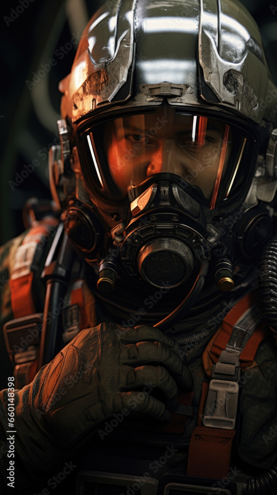 Closeup of a soldier struggling to defend a crucial energy plant from enemy infiltrators, knowing that failure would mean the collapse of their entire civilization.