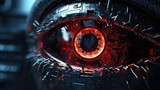 Closeup of a cybernetic eye scanning and analyzing a networks vulnerabilities before launching a devastating attack. The eyes glowing red iris reflects the destruction and chaos it is about