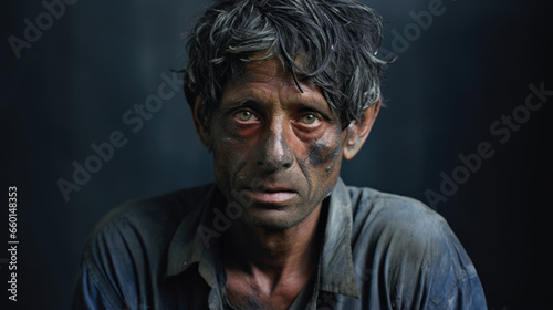 Portrait of a disfigured worker, their body mutated from years of exposure to toxic chemicals in the factory, a stark reminder of the consequences of the class divide.