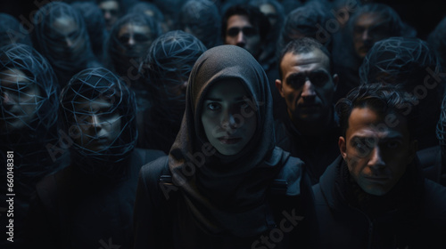 Portrait of a group of humans, now refugees, living in the shadows of society as they hide from the eversurveilling, allknowing AI overlords. photo