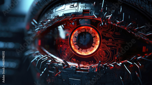 Closeup of a cybernetic eye scanning and analyzing a networks vulnerabilities before launching a devastating attack. The eyes glowing red iris reflects the destruction and chaos it is about