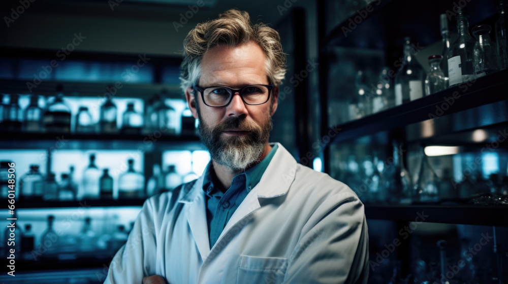 Portrait of a hybrid scientist, torn between their curiosity and passion for studying their own hybrid kind, and the ethical implications of such research. Portrait of a hybrid scientist, torn between their curiosity and passion for studying their own hybrid kind, and the ethical implications of such research.