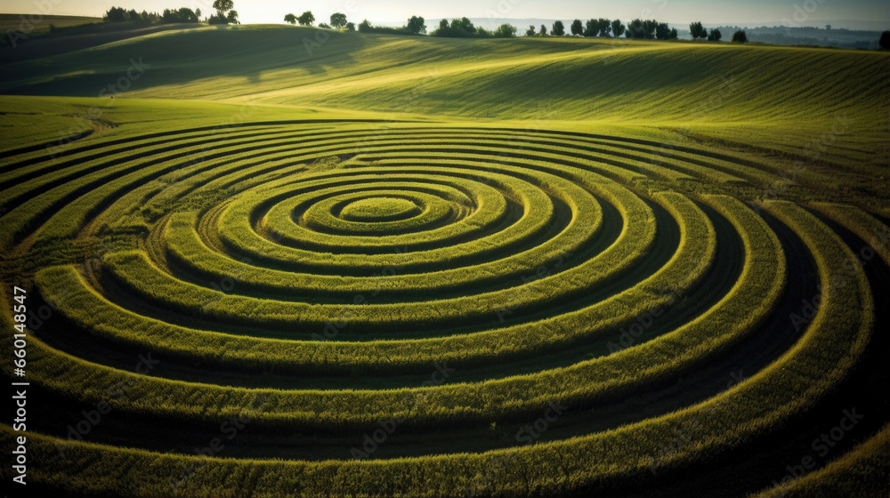 Portrait of a crop circle featuring abstract designs that seem to shift and change with perspective, giving the impression of fluid and advanced technology at work. Portrait of a crop circle featuring abstract designs that seem to shift and change with perspective, giving the impression of fluid and advanced technology at work.