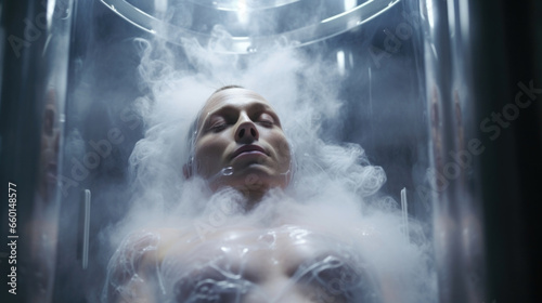 Closeup of a cryogenic chamber A human body suspended in a chamber filled with liquid nitrogen, frozen in time as they travel through space, waiting to be revived upon reaching a new planet. photo
