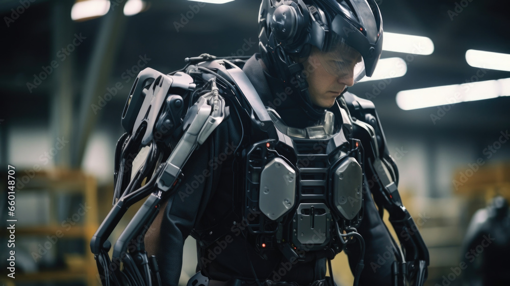 Closeup of a factory worker donning a sleek exoskeleton suit, effortlessly lifting heavy materials and operating specialized equipment with enhanced strength and dexterity, thanks to advanced Closeup of a factory worker donning a sleek exoskeleton suit, effortlessly lifting heavy materials and operating specialized equipment with enhanced strength and dexterity, thanks to advanced