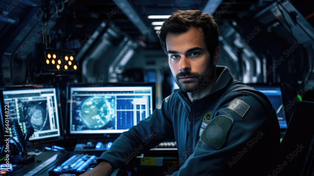 Portrait of a crew member inside the biohybrid spacecrafts control room, connected to the ships neural network and communicating seamlessly with the living systems on board. - obrazy, fototapety, plakaty 