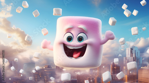 Cartoon marshmallow food character. Funny cartoon Marshmallow character banner. Cartoon pink marshmallows flying above the cityscape. Cute marshmallow cartoon character emoticon mascot photo
