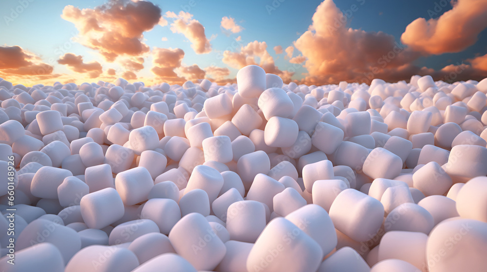Fototapeta premium Marshmallows. White marshmallows creative commercial banner for ads, poster. Lots of marshmallows against cloudy sky background. Marshmallow banner. Vanilla marshmallow clouds in the sky