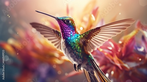 Create a stunning image of a vibrant hummingbird gracefully suspended against a pristine white backdrop, capturing every iridescent detail. © Riffat