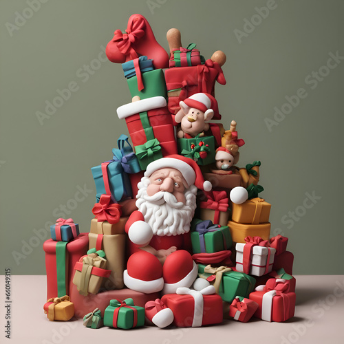 Santa Claus and Christmas tree made of gifts. 3D illustration.