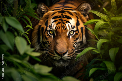 portrait illustration of a tiger in jungle. Created with Generative AI