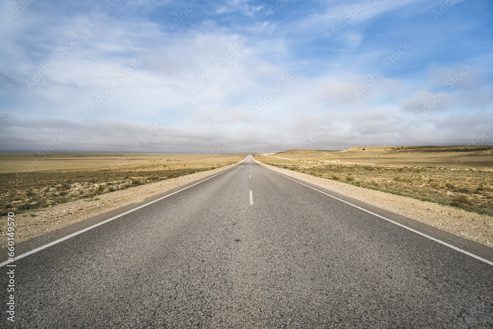 Asphalt highway in the middle of the Kazakh steppe and desert, highway with markings in spring Asphalt highway in the middle of the Kazakh steppe and desert, highway with markings in spring