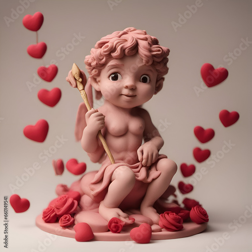 Valentine's day. Cupid sitting on a pink pedestal.