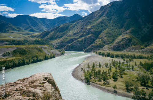 Confluence of the Chuya and Katun rivers along the Chuysky tract. Altai Republic, Russia