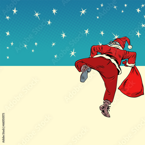 Christmas creeps to our doors. Santa Claus climbs over the wall with a bag of gifts on the background of the stars. Delivery despite the situation in the cold season. Pop Art Retro