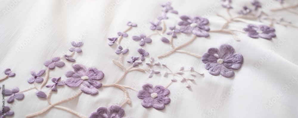Closeup of a rich and intricate linen texture, showcasing a pattern of delicate embroidered flowers in shades of cream and lavender. This luxurious fabric exudes a delicate and feminine Closeup of a rich and intricate linen texture, showcasing a pattern of delicate embroidered flowers in shades of cream and lavender. This luxurious fabric exudes a delicate and feminine
