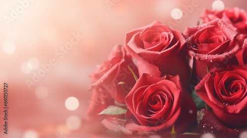 Defocused or blurred valentine day background with a rose flower bouquet and beautiful light