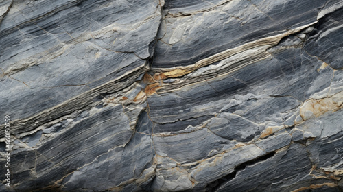 Closeup of Gneiss with Striped Layers A detailed view of a gneiss sample, revealing its characteristic foliation caused by alternating bands of light and dark minerals. The layers appear