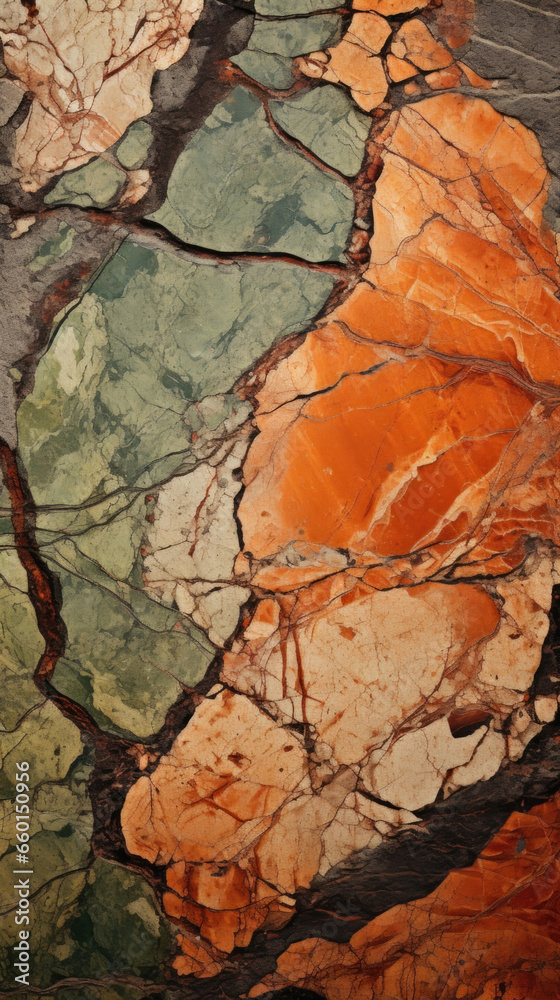 Closeup of a large cracked jasper with rich variations of terracotta, mossy green, and burnt sienna. The rough surface highlights the stones sy and resilient nature.