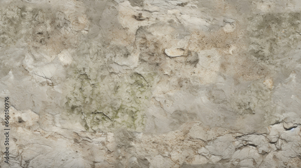 Fototapeta premium Texture of Pitted Travertine with a dusty grey hue and hints of green from the moss growing on its surface. The texture is rough and rugged, reminiscent of a forest floor.