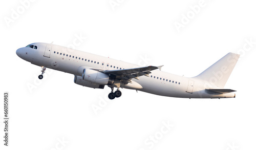 Modern passenger airliner on takeoff in the sky. Isolated over white background