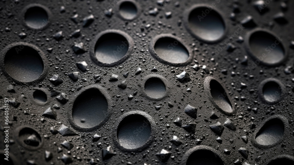 Texture of a pitted rubber surface, with a rough and bumpy appearance due to randomized holes and bumps. The texture offers great traction for shoes, making it ideal for gym floors or outdoor - obrazy, fototapety, plakaty 