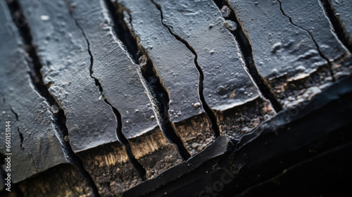 Closeup of a worn and weathered tire rubber, with deep cracks and lines that show years of use. Despite its aged appearance, it still maintains its strength and grip on the road.