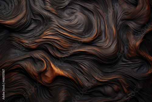 Closeup of wood turned black by flames, with knots and swirls of varying shades intertwined in its surface. The texture is almost leathery, giving the impression of a burnt animal hide.